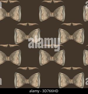 Élégant motif aquarelle Gentlemen sans couture avec noeud de cravate de soie brun et illustration de moustache d'hommes sur noir. Messieurs accessoires fond pour bab Banque D'Images