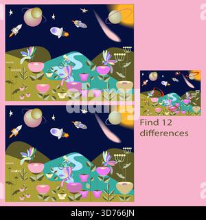 Trouvez 12 différences dans un puzzle d'espace amusant pour les enfants Illustration de Vecteur