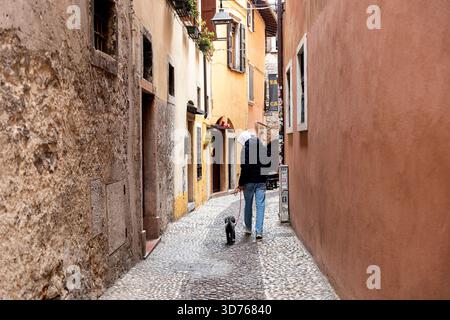 Ruelles pavées étroites et maisons historiques traditionnelles dans la destination touristique populaire de Malcesine sur les rives du lac de Garde, en Italie. Banque D'Images