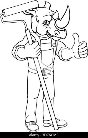 Rhino Painter Decorator Paint Roller Mascot Homme Illustration de Vecteur