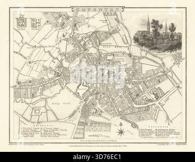 Plan de ville antique gravé de Coventry par George Cole & John Roper 1810 carte Banque D'Images