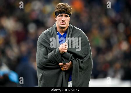 Paris, France. 22 novembre 2025. Oscar Jegou lors du match de rugby à xv des Quilter Nations Series France VS Australia (Wallabies) au stade de France le 22 novembre 2025 à Paris. Photo de Victor Joly/ABACAPRESS.COM crédit : Abaca Press/Alamy Live News Banque D'Images