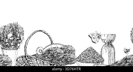 Panier tissé de fleurs de lavande lavandula, sachets, graines dans un bol en argile et bouquet de balai espagnol. Motif sans couture isolé dessiné à la main Illustration de Vecteur