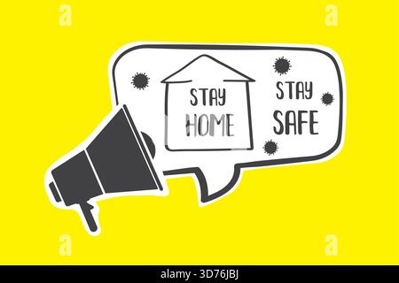 Restez à la maison Stay Safe - arrière-plan, modèle. Concept de quarantaine.icône de haut-parleur et bulle de dialogue avec texte. Affiche ou bannière de doodle imprimable. COVID- Illustration de Vecteur
