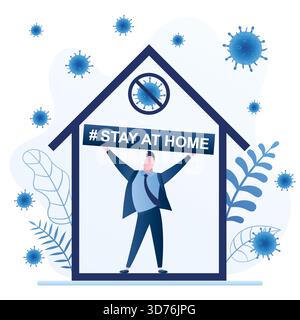 Bannière concept Stay at home. Homme d'affaires à la maison. Auto-isolement, la peur devient infectée. Personnage masculin en quarantaine. Arrêtez le coronavirus, motivant Illustration de Vecteur