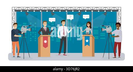 Talk show politique à la télévision. Débat politiciens dans un studio de télévision moderne. Le journaliste masculin utilise le microphone. Les cameramen de dessins animés créent du contenu vidéo. INT Illustration de Vecteur