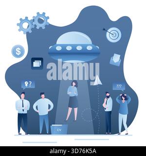 Concept de processus de recrutement, poste vacant. L'OVNI attire les femmes d'affaires. Les malades d'emploi, la recherche d'agences RH et l'embauche de nouveaux employés. Les gens d'affaires charactent Illustration de Vecteur