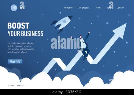 Boostez votre modèle de page de destination d'entreprise. Homme d'affaires prospère assis sur le graphique de profit croissant. La fusée décolle dans l'espace. Expansion ou Optimizat Illustration de Vecteur