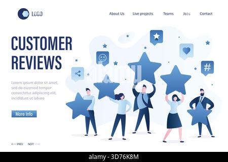 Modèle de page de renvoi des avis du client. Groupe de gens d'affaires tenant des étoiles. Cinq étoiles, concept de haute qualité. Sondage en ligne, commentaires. Tendance Illustration de Vecteur