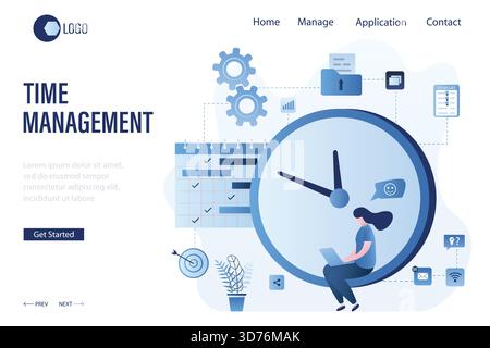 Modèle de page de destination de gestion du temps, concept d'échéance. Homme employé assis sur la grande montre. Workflow, multitâche et planification du travail. Personnage féminin Illustration de Vecteur