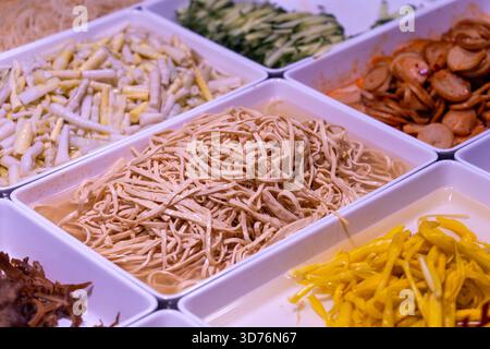 Un gros plan de divers plats froids chinois, y compris des nouilles imbibées de peau de tofu, des pousses de bambou râpées et des viandes épicées, présentées en chamois blanc carré Banque D'Images