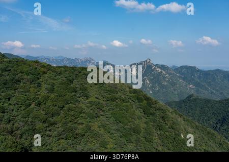 Une vue panoramique sur le paysage comprend une forêt luxuriante et dense au premier plan et une chaîne de montagnes accidentée lointaine avec des pics de pierre apparents. La scène capt Banque D'Images