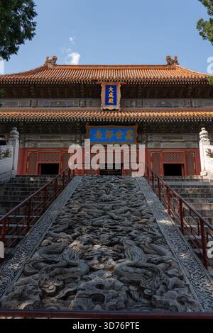 Une majestueuse rampe en pierre finement sculptée de dragons remonte le centre de l'escalier menant à une salle du temple. La vue en angle bas met en évidence imperia Banque D'Images