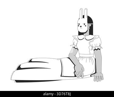 Fille dans le masque de lapin assis dans la robe à volants avec tablier caractère de ligne 2D. Illustration de Vecteur