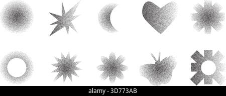 Points demi-tons et formes d'icônes géométriques à gradation douce. Coeur esthétique tendance de l'an 2000, étoiles et éléments de design brutaliste moderne. Pointillés noirs vectoriels Illustration de Vecteur