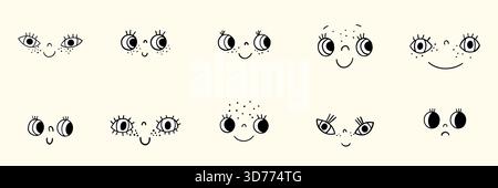 Expressions de personnages de visage de dessin animé vectoriel drôle dessinées à la main, visages de doodle noir et blanc avec des expressions mignonnes Illustration de Vecteur