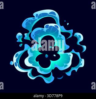 Des éclaboussures d'eau de dessin animé, des formes translucides en cyan, sarcelle et aqua forment des pétales mousseux et des gouttelettes autour d'un noyau turquoise. Vecteur fun boom liquide, gui co Illustration de Vecteur