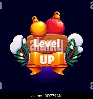 Noël festif niveau haut rang, badge de jeu de Noël avec une planche en bois, boules rouges et dorées, branches de pin vert recouvertes de neige. Vecteur de dessin animé CH Illustration de Vecteur