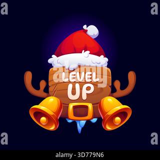 Rang de niveau supérieur de Noël, badge de jeu de Noël avec chapeau moelleux de Père Noël sur le dessus, bois de renne, cloches de jingle dorées, planche en bois avec bords enneigés et glaçons Illustration de Vecteur