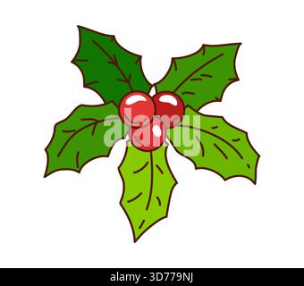 Branche groovy Christmas holly Berry avec fruits rouges vibrants et feuilles vertes brillantes. Plante de style rétro vectoriel des années 70 avec des baies rouges vives pour HO d'hiver Illustration de Vecteur