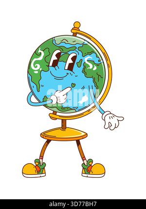Personnage vectoriel de globe groovy d'éducation scolaire. Globe terrestre amical avec un visage souriant pointant vers un petit cœur. Personnage éducatif mignon de géographie Illustration de Vecteur