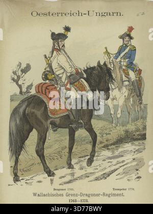Oesterreich-Ungarn. Wallachisches Grenz-Dragoner-Regiment Dragoner, 1763 ; Trompeter, 1770., 1910 (déduit), Amsterdam., 1760 - 1770, Amsterdam. Uniformes militaires, histoire, Autriche, cavalerie, instruments de cuivre., 24,5 x 16,5 cm Banque D'Images