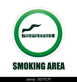 Panneau zone fumeurs. Symbole d'icône de cigarette. Illustration du cercle vert. Texte zone fumeurs. Illustration de Vecteur
