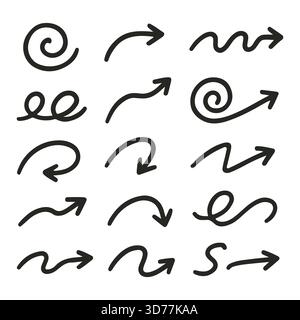Collection de flèches irrégulières en spirale, ondulées et incurvées dans un style ludique dessiné à la main, idéal pour les projets de conception créatifs, isolés sur l'illustration vectorielle de fond blanc Illustration de Vecteur