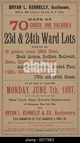 Cartes de 70 choix et précieux 23d & 24th Ward lots situés sur 3d Avenue, coin 188th Street, Brook Avenue, Southern Boulevard, Boston, Morris, Union, Prospect and Ryer avenues, Minford place, 149e, 150e, 151e, 152d, 162d, 170e et 184e rues. À vendre aux enchères., 1897-06-07 Banque D'Images