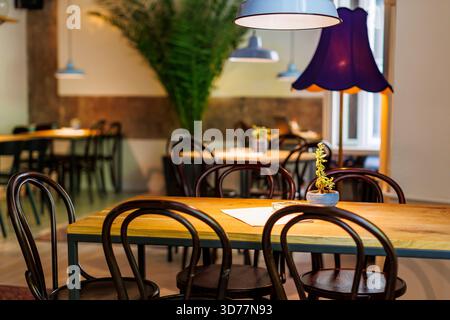 Intérieur confortable du restaurant avec des tables en bois et des plantes dans un cadre tranquille Banque D'Images