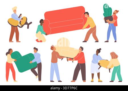 Groupe de personnes diverses portant canapé, fauteuil, table et plante, travaillant ensemble pendant la relocalisation ou le jour de déménagement, le concept de travail d'équipe et de coopération, isolé sur l'illustration vectorielle de fond blanc Illustration de Vecteur
