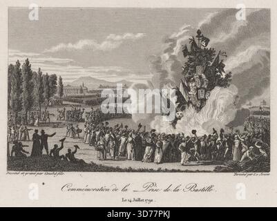 Commémoration de la prise de la Bastille,' 1792, de François-Louis couché (1782-1849). Gravure mesurant 12 x 21 cm, publiée à Paris. L'estampe commémore les événements entourant la Révolution française (1789-1799) et représente la danse dans la France du XVIIIe siècle Banque D'Images