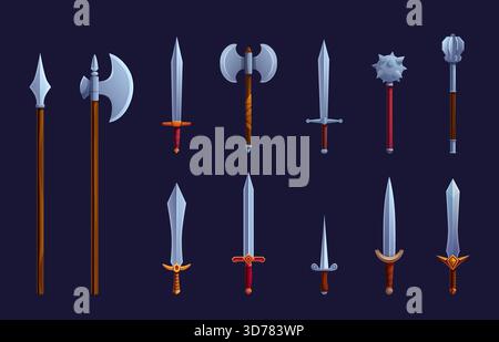 Arme de dessin animé médiéval. Épée antique, couteau, hache. Armes viking ou chevalier pour la guerre et les batailles. Outils de guerriers historiques, vecteur sapid de conception de jeu Illustration de Vecteur