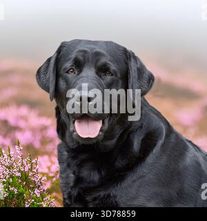 black labrador retriever sur une lande brumeuse Banque D'Images