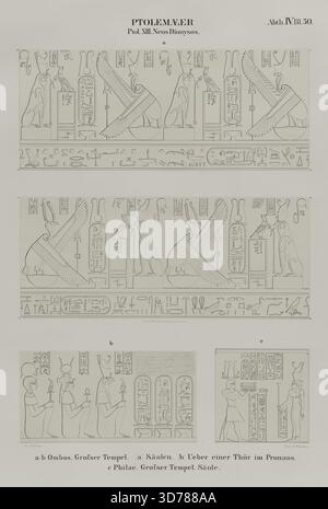 Trois images sur une page représentent des caractéristiques architecturales et des bas-reliefs liés à la période ptolémaïque. La première image (a) montre des colonnes du grand temple à Ombos. La deuxième image (b) montre une vue au-dessus d'une porte dans le pronaos du même temple. La troisième image (c) présente une colonne du grand temple de Philae. Ces images ont été créées entre 1849 et 1856 et sont publiées par Nicolaische Buchhandlung à Berlin. Le sujet comprend des éléments de l'histoire égyptienne antique, en particulier à partir de 332-30 av. J.-C., englobant des thèmes liés aux vautours, faucons, dieux, et Banque D'Images
