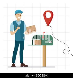 Joyeux facteur caucasien tient le colis. Boîte aux lettres ouverte avec des journaux, paquet. Coursier en uniforme. Livraison, service postal. Boîte aux lettres américaine en métal. NAVIGA Illustration de Vecteur