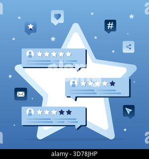Grande étoile et divers commentaires de clients. Messages avec étoiles et commentaires. Témoignages, notation, concept de qualité de service. Sondage en ligne, commentaires. Tendance Illustration de Vecteur
