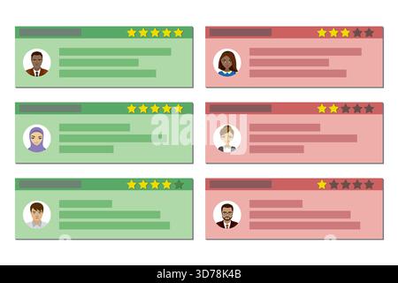 Ensemble de critiques positives vertes, négatives rouges. Messages avec divers avatars de personnes. Témoignages avec étoiles, modèle pour le web. Commentaires des clients. Gradi Illustration de Vecteur