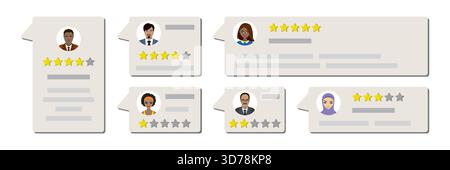 Ensemble de critiques positives et négatives. Modèle de témoignages pour le web. Commentaires des clients. Système de classement. Un travail de qualité professionnelle. Messages avec divers peop Illustration de Vecteur