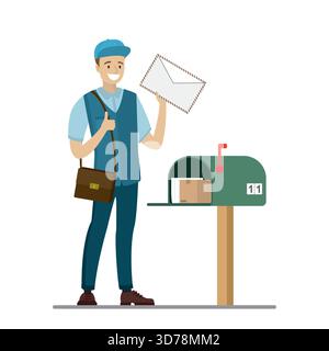 Heureux facteur caucasien tenir lettre. Boîte aux lettres ouverte avec des journaux, paquet. Courrier de dessin animé en uniforme avec sac postal. Livraison, service postal. Classique a Illustration de Vecteur