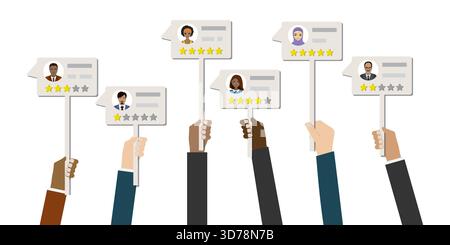 Diverses mains tenant des tableaux de messages avec des critiques positives et négatives. Témoignages, commentaires des clients. Système de classement. Travail professionnel de qualité. CLIE Illustration de Vecteur