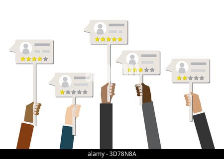 Diverses mains tenant des tableaux de messages avec des critiques positives et négatives. Témoignages, commentaires des clients. Système de classement. Travail professionnel de qualité. CLIE Illustration de Vecteur