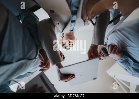 Les collègues se réunissent autour d'une tablette dans un bureau moderne, collaborant et partageant des idées Banque D'Images