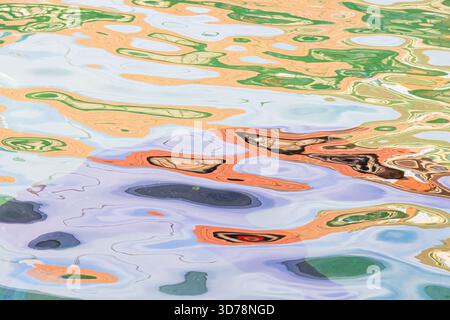Motif abstrait de couleurs vibrantes orange, vert et violet reflétant sur la surface ondulante de l'eau, créant une texture liquide colorée. Banque D'Images