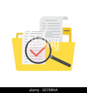 Dossier jaune de dessin animé avec des documents, recherche de fichiers. Grande loupe avec marque rouge correctement. Gestionnaire de fichiers, stockage de données et indexation. Fichiers SEA Illustration de Vecteur