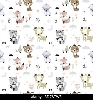 Modèle sans couture avec différents animaux mignons. Modèle de texture Doodle avec des animaux domestiques et sauvages adorables dans le style scandinave. Faune et natu Illustration de Vecteur