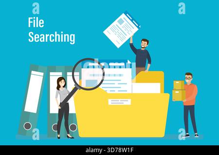 Employés de bureau recherchant un fichier. La femme employée utilise la loupe. Classeurs, dossier jaune avec documents. Gestionnaire de fichiers, stockage de données et index Illustration de Vecteur