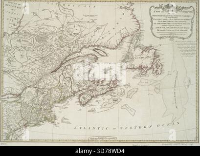 Une carte colorée à la main de 1794 intitulée 'A New and correct Map of the British colonies in North America'. La carte représente l'est du Canada, y compris les provinces du Québec, du Nouveau-Brunswick et de la Nouvelle-Écosse, ainsi que le gouvernement de Terre-Neuve. Il montre également les états adjacents de la Nouvelle-Angleterre, du Vermont, de New York, de Pennsylvanie et du New Jersey. La carte a été publiée par Laurie & Whittle, situé au 53 Fleet Street à Londres, et mesure 47 x 66 cm Banque D'Images