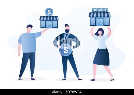 L'acheteur d'homme d'affaires avec de l'argent veut acheter des affaires prêtes à l'emploi. Les gens d'affaires offrent des franchises et des licences. Investissements dans le développement d'un successfu Illustration de Vecteur