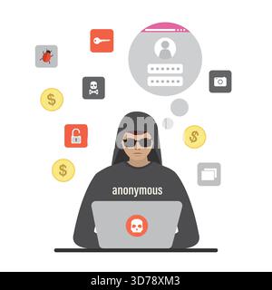Homme de dessin animé au lieu de travail et utiliser un ordinateur portable. Pirate au travail, réseau informatique anonyme attaquant. Concept de protection des données. Spamming, attaque de virus. Hacker Illustration de Vecteur